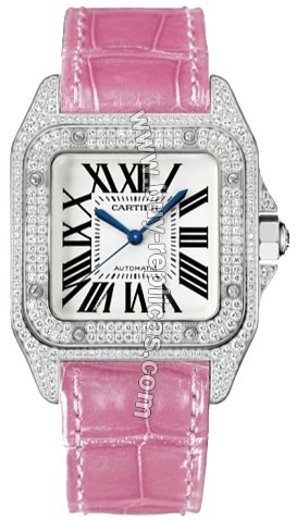 Cartier Santos 100 Diamond 18kt White Gold Pink Ladies Watch WM501751