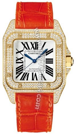 Cartier Santos 100 Diamond 18kt Yellow Gold Orange Ladies Watch WM502051