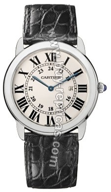 Cartier Ronde Steel Black Leather Mens Watch W6700255