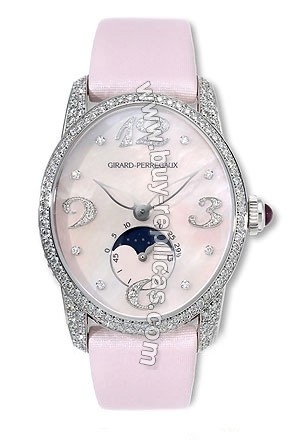 Girard Perragaux Cats Eye Diamond 18kt White Gold Pink Satin Ladies Watch 80490-D53-P963-KK9