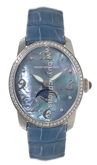 Girard Perragaux Cats Eye Diamond 18kt White Gold Blue Leather Ladies Watch 80490-D53-A261-CK4