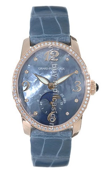 Girard Perragaux Cats Eye Diamond 18kt Rose Gold Blue Leather Ladies Watch 80490-D52-A261-KK1