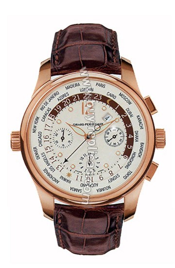 Girard Perragaux Worldwide Time Control 18kt Rose Gold Brown Crocodile Mens Watch 49800-0-52-1041D