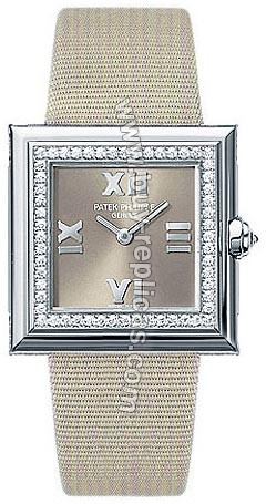 Patek Philppe Gondolo 18kt White Gold Taupe Strap Diamond Ladies Watch 4868G