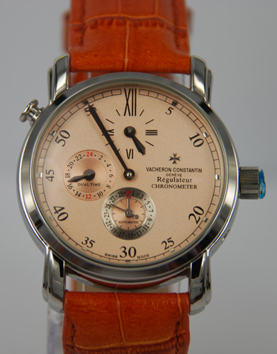 Vacheron Constantin Malte Dual Time Regulator Mens Orange Leather Watch